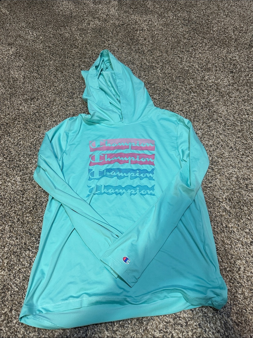 Champion Teal Hooded Long Sleeve Top with Pink and Blue Logo Stripes